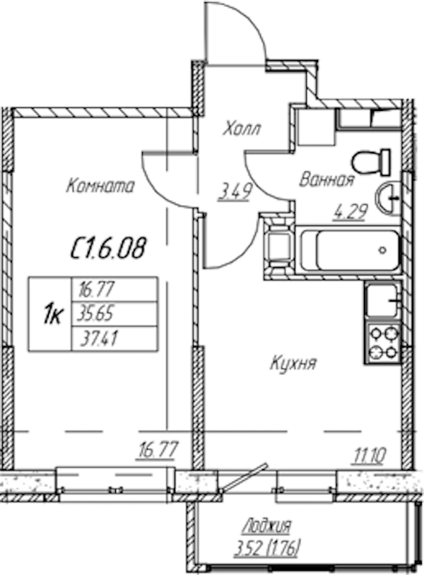 1-комнатная квартира 37.41 м², 6/22 эт., ЖК «Парк-квартал Юнтолово»